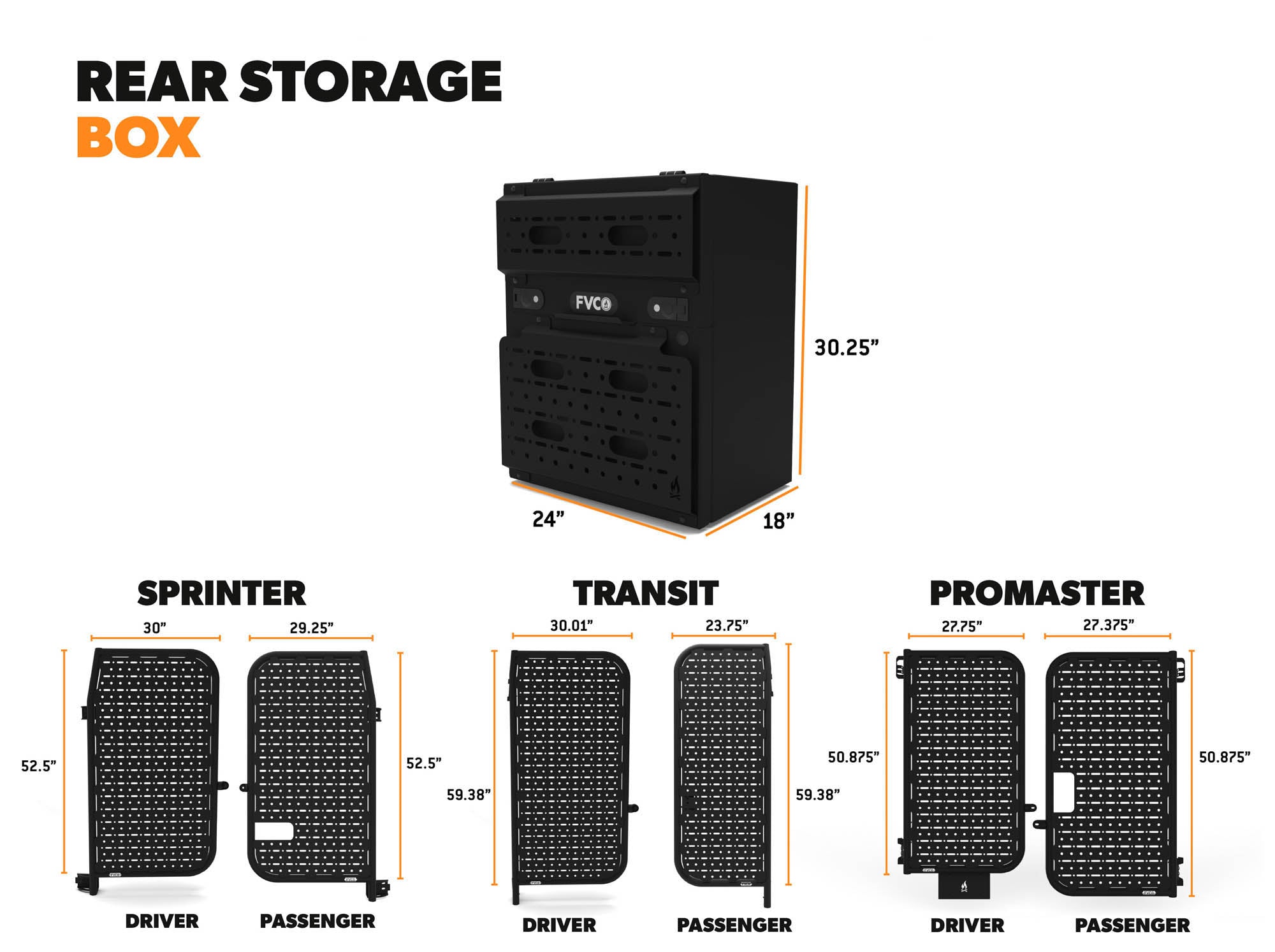 Overall dimensions of the Rear Storage Box, along with overall dimensions of Sprinter, Transit, Promaster Rear Door Platform gear carriers for camper vans
