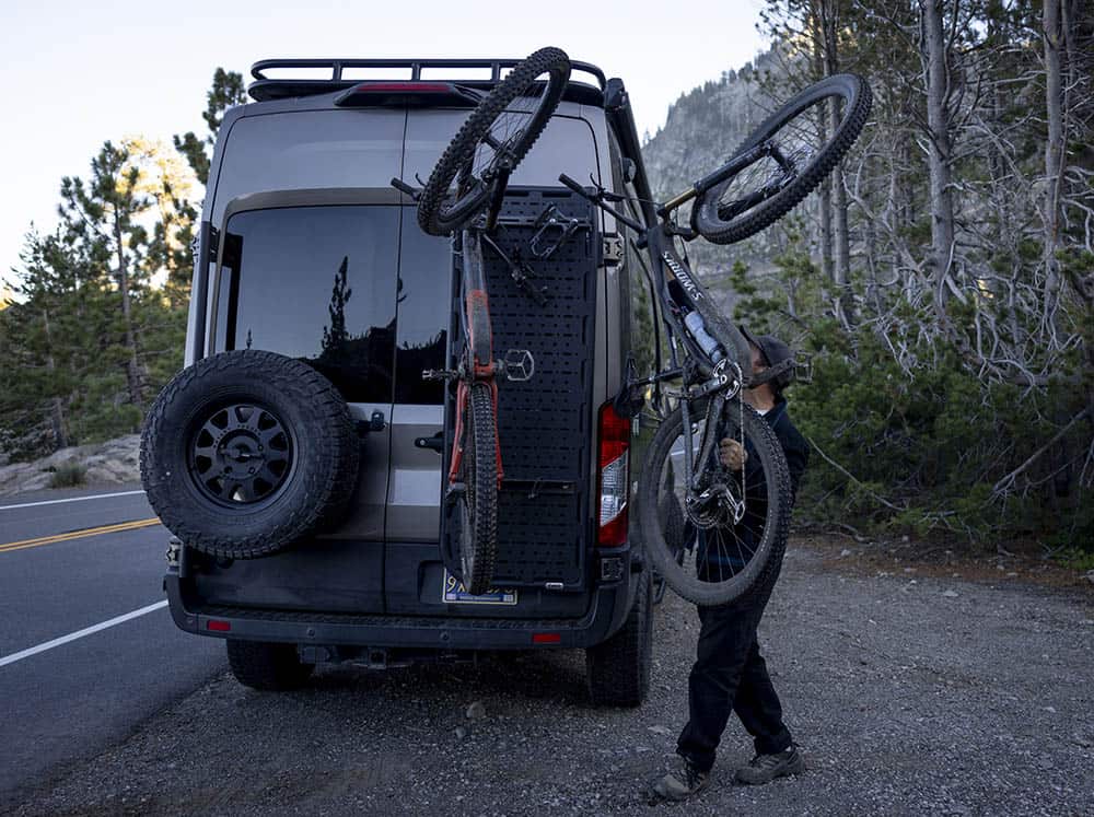Loading up bikes on FVC Rear Door Platform on Transit Campervan
