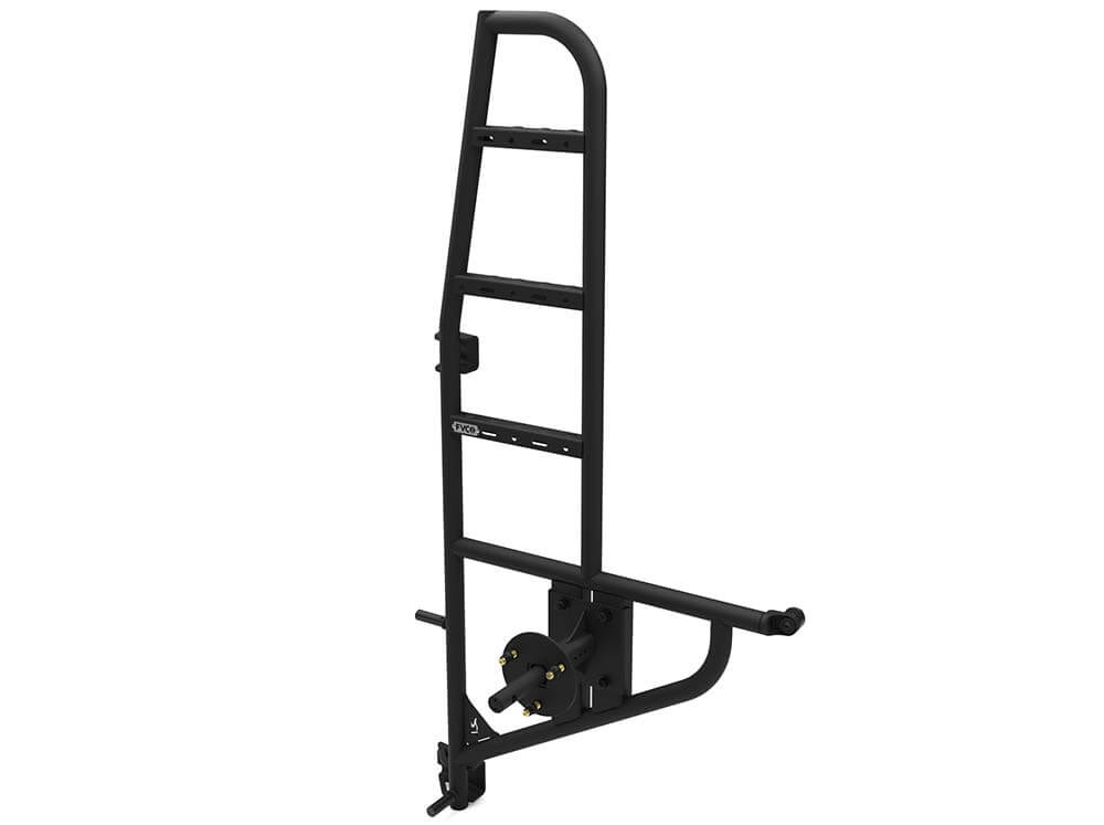 Angled shot of FVC Sprinter ladder + tire carrier