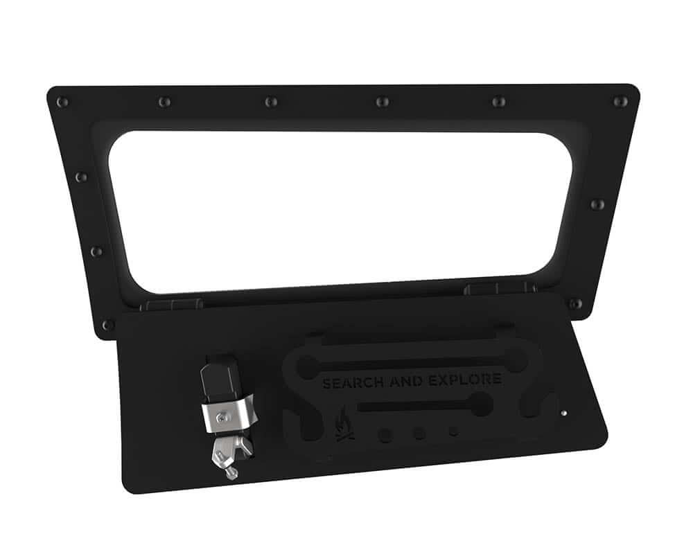 Sprinter van rocker panel storage locker compartment in open position - driver side