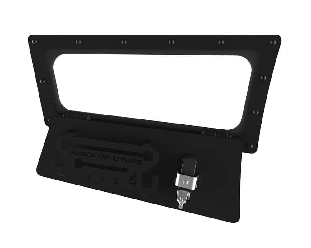 Passenger side Sprinter van rocker locker storage panel in open position