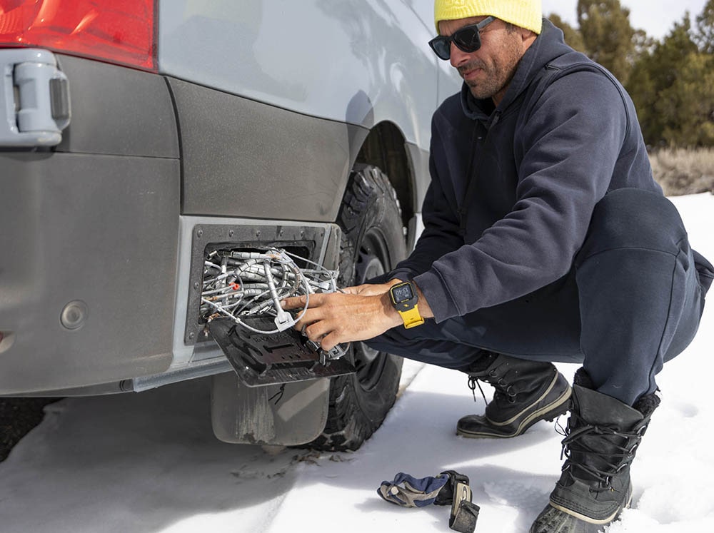 Storing snow chains in the Sprinter Van Rocker Locker