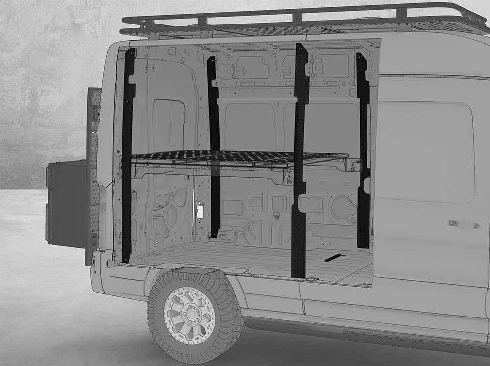 Transit Bed Brackets modeled in a Ford Transit 148" wheelbase high roof van