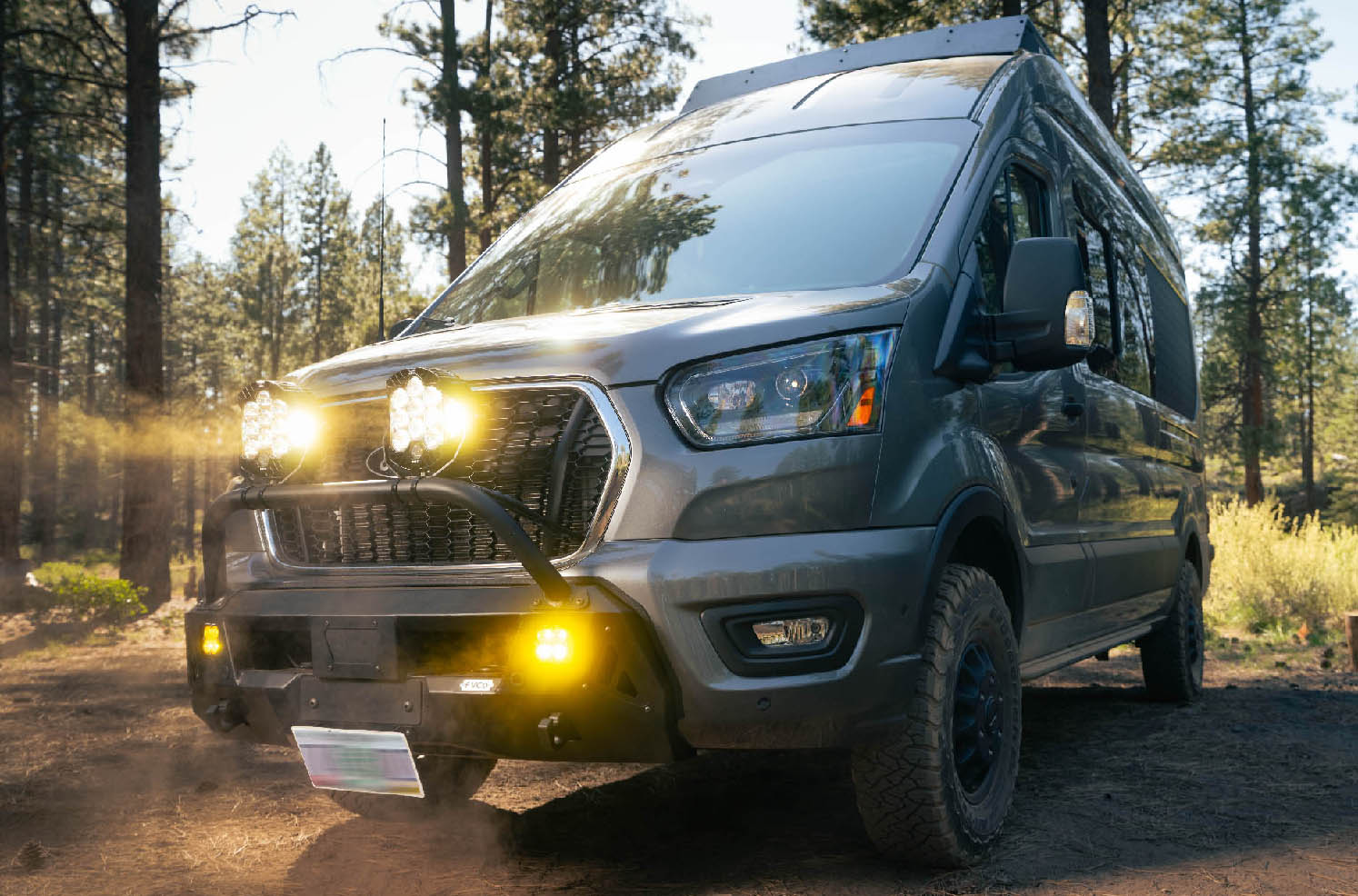 Detail shot of Transit Core Front Bumper with Baja Pod Lights installed