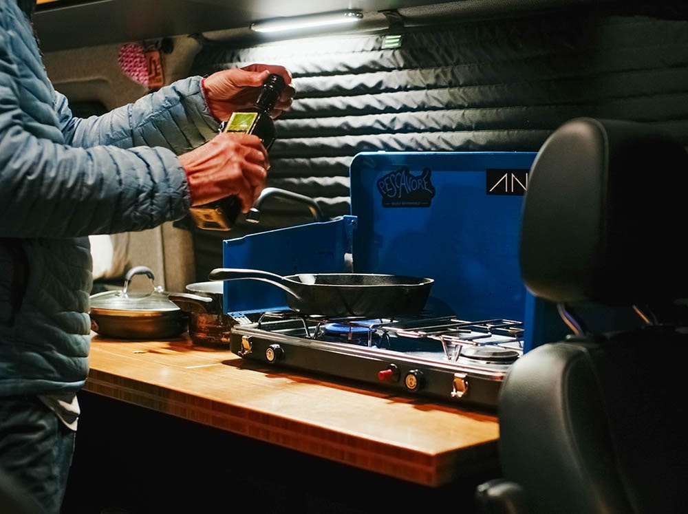 Cooking on 41 inch galley in camper van