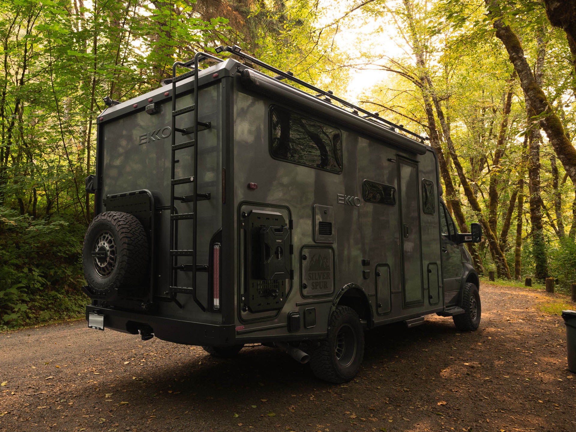 Winnebago Ekko with Winnebago Ekko Rear Ladder installed, along with rear platform and tire carrier by FVC