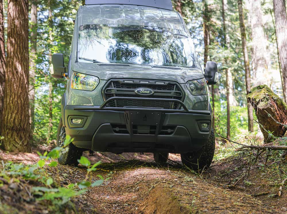 Nudge bar on Ford Transit Trail van driving off road