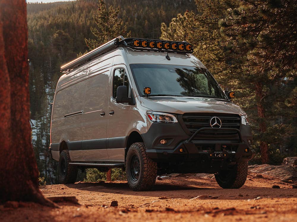 Mercedes Benz Sprinter Adventure van with sleek FVC Side Steps, Safari Rack, Front Bumper upgrade