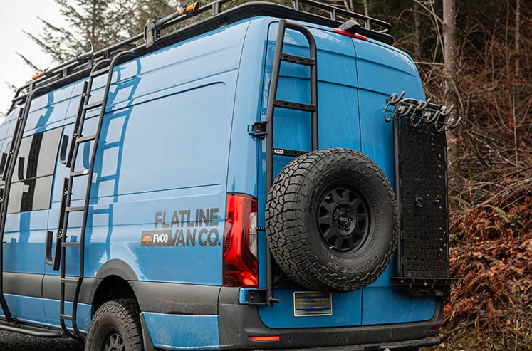 Tire carrier and ladder on Sprinter 170 camper van