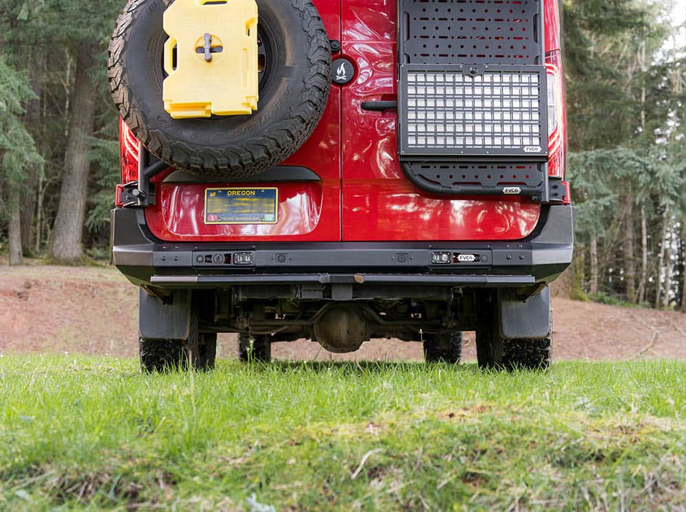 Sprinter adventure van rear bumper installed with reverse lights from Baja Designs