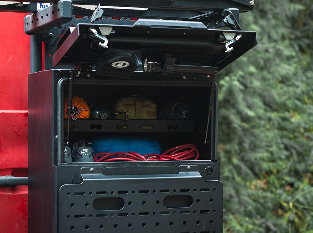 Rear Storage Box Halfway Open with Shelf