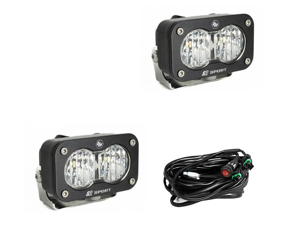 Baja Designs S2 Sport LED light pod pair with clear lens in wide cornering light pattern