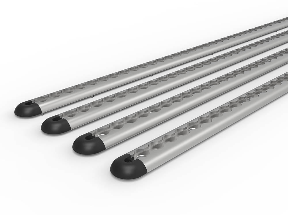 Close-up view of Sprinter Van Bed Bracket L-Track Kits in silver