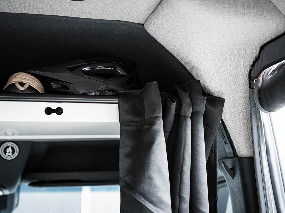 Rod pocket curtain installed directly on Curtain Rod for Sprinter Headliner Shelf with
