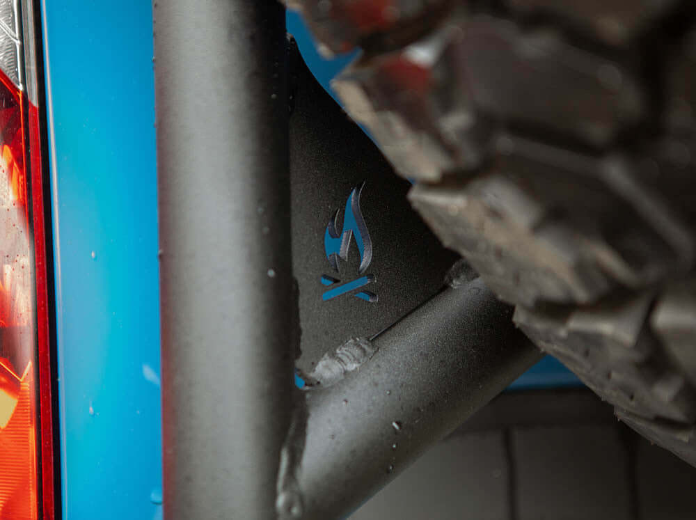 Laser-cut FVC logo detail on Sprinter Tire Carrier and Ladder