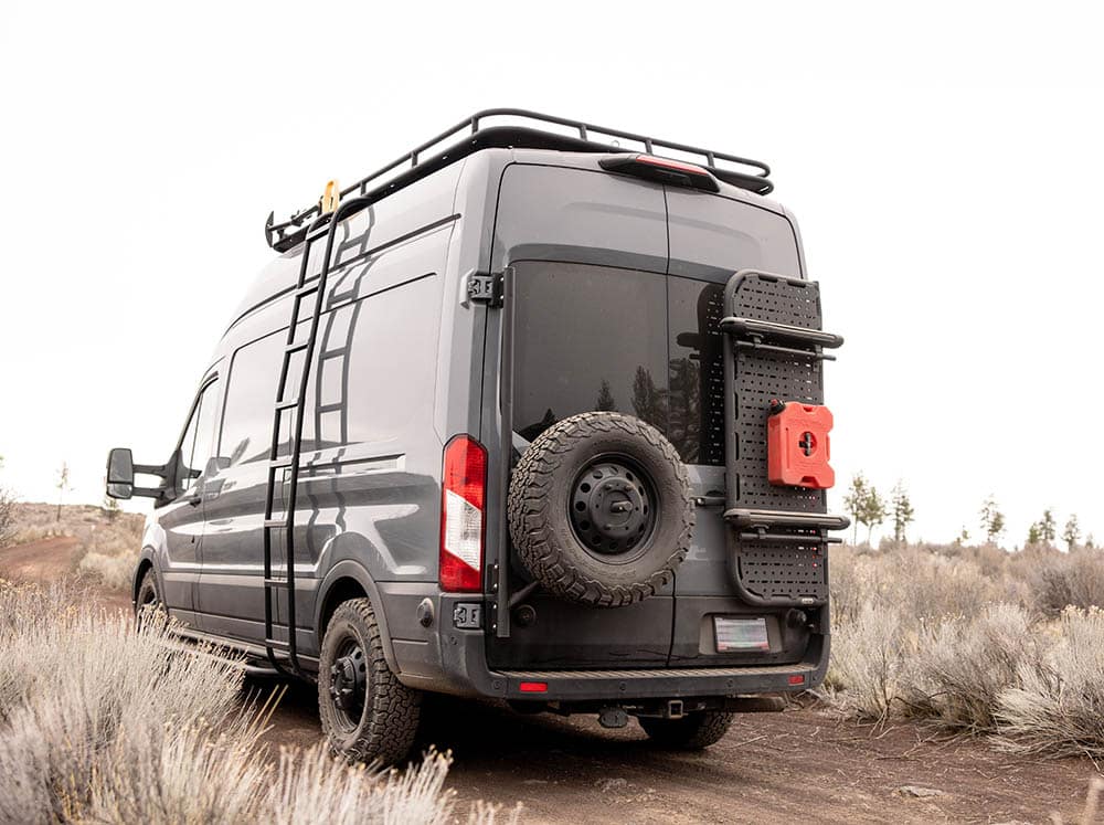 Ford Transit adventure van with rear door tire carrier
