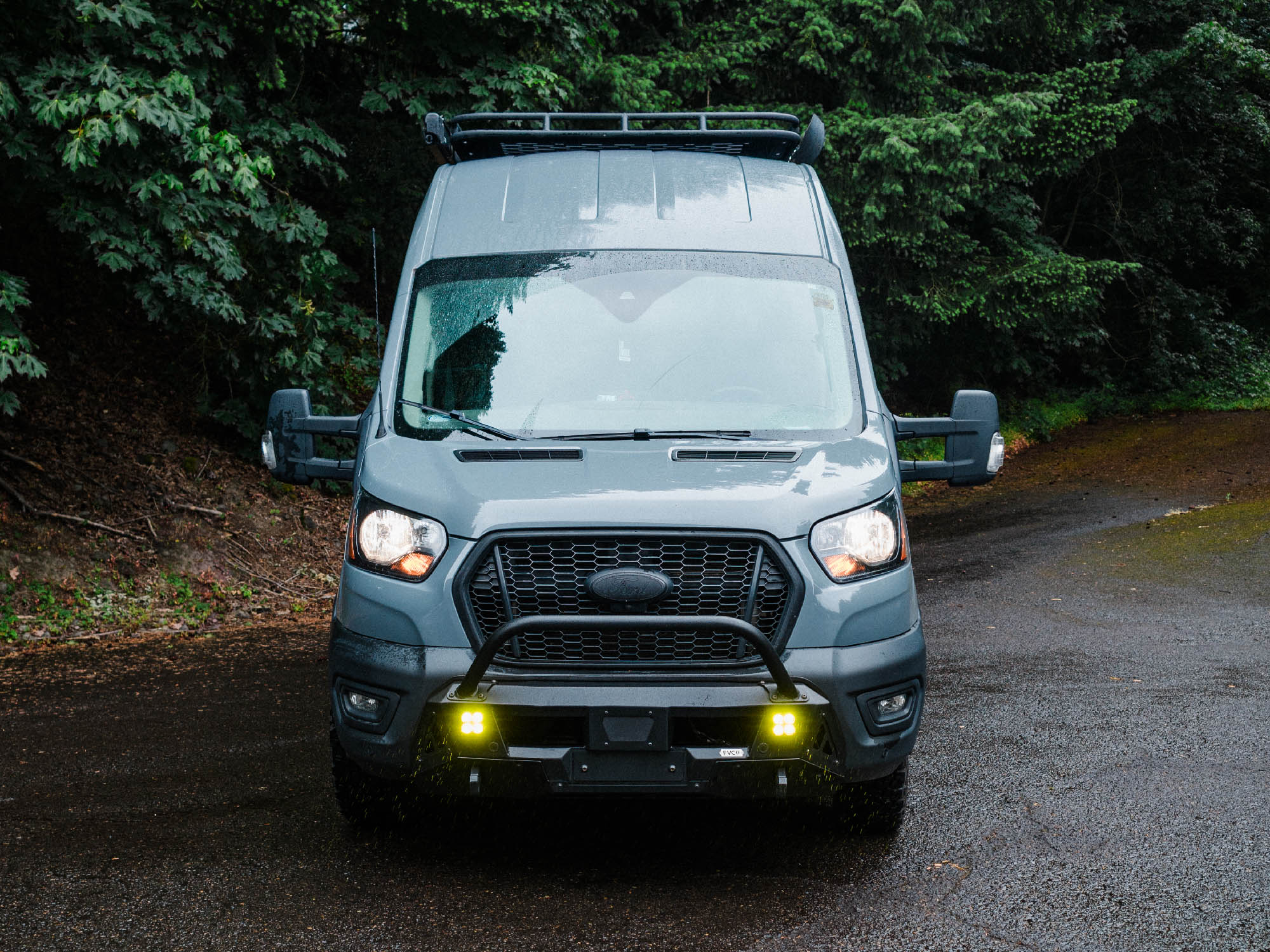 Transit Core Front Bumper installed on Ford Transit camper van with Baja Designs pod lights