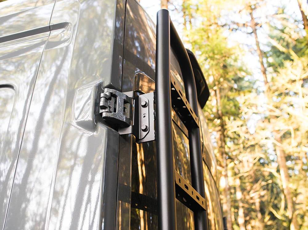Close up view of hinge brackets for Transit van rear ladder + tire carrier