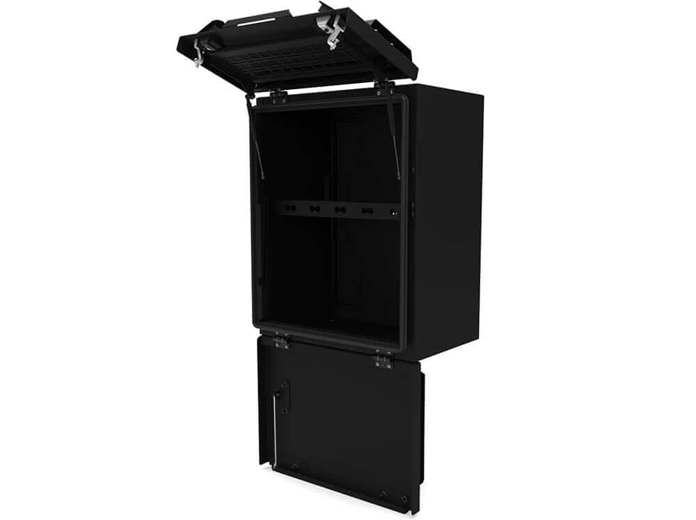 Camper van storage box with both doors all the way open