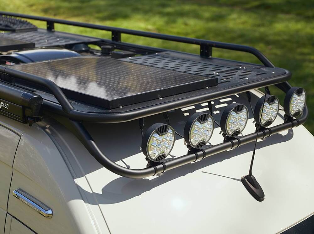 Solar panels and lights installed on Sprinter Safari Roof Rack with Drop Front