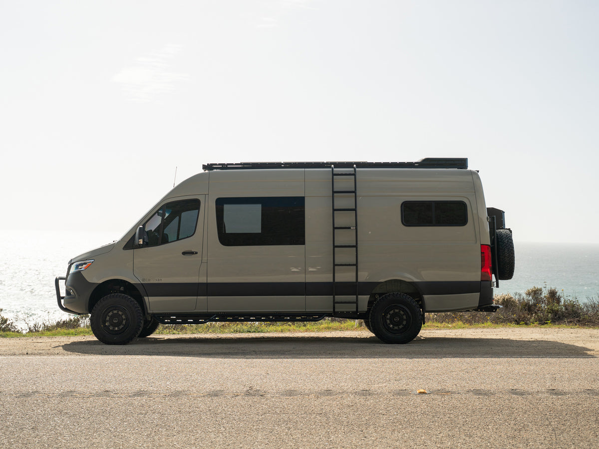 Sprinter Side Ladder and Low Pro Roof Rack installed on adventure van ready for camping