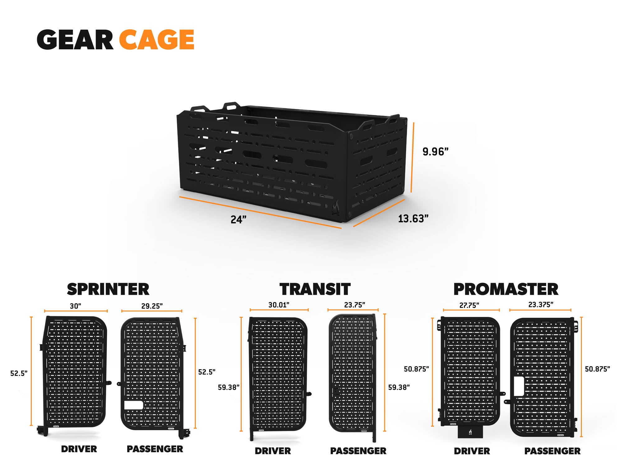 Overall dimensions of Gear Cage, along with overall dimensions of Sprinter, Transit, and Promaster Rear Door Platform gear carriers for camper vans