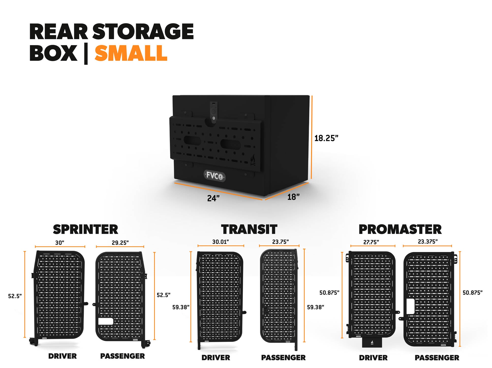 Overall dimensions of Small Rear Storage Box, along with overall dimensions of Sprinter, Transit, and Promaster Rear Door Platform gear carriers for camper vans