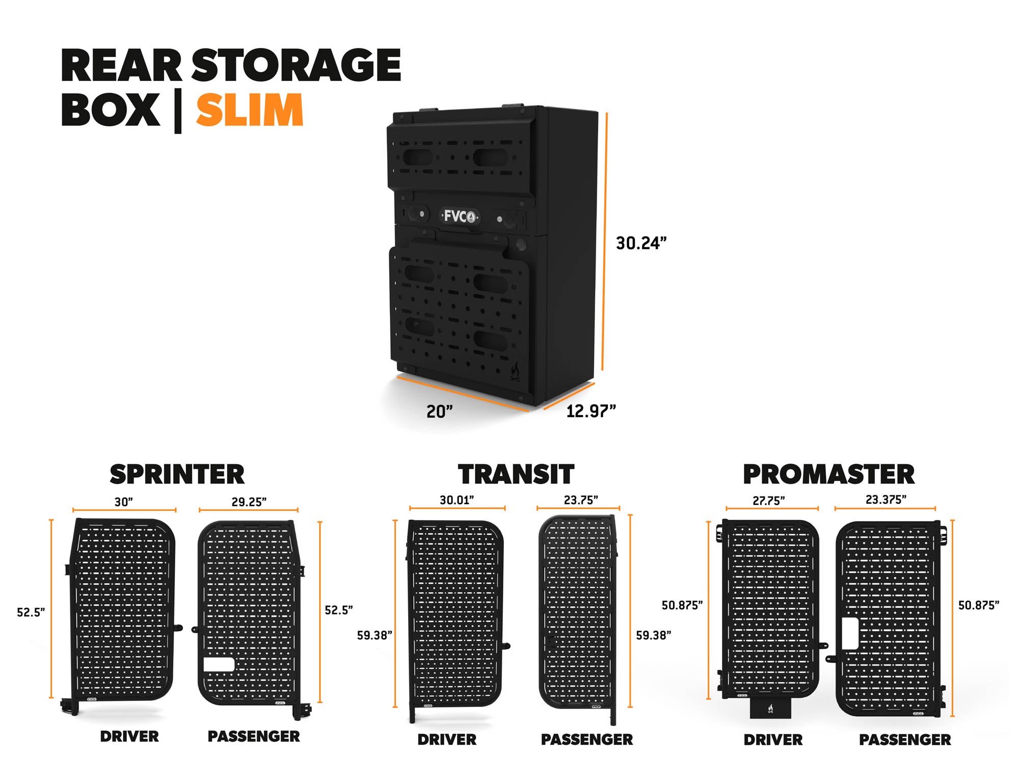 Overall dimensions of Slim Rear Storage Box, along with overall dimensions of Sprinter, Transit, and Promaster Rear Door Platform gear carriers for camper vans