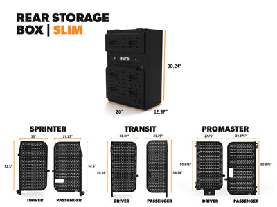 Overall dimensions of Slim Rear Storage Box, along with overall dimensions of Sprinter, Transit, and Promaster Rear Door Platform gear carriers for camper vans