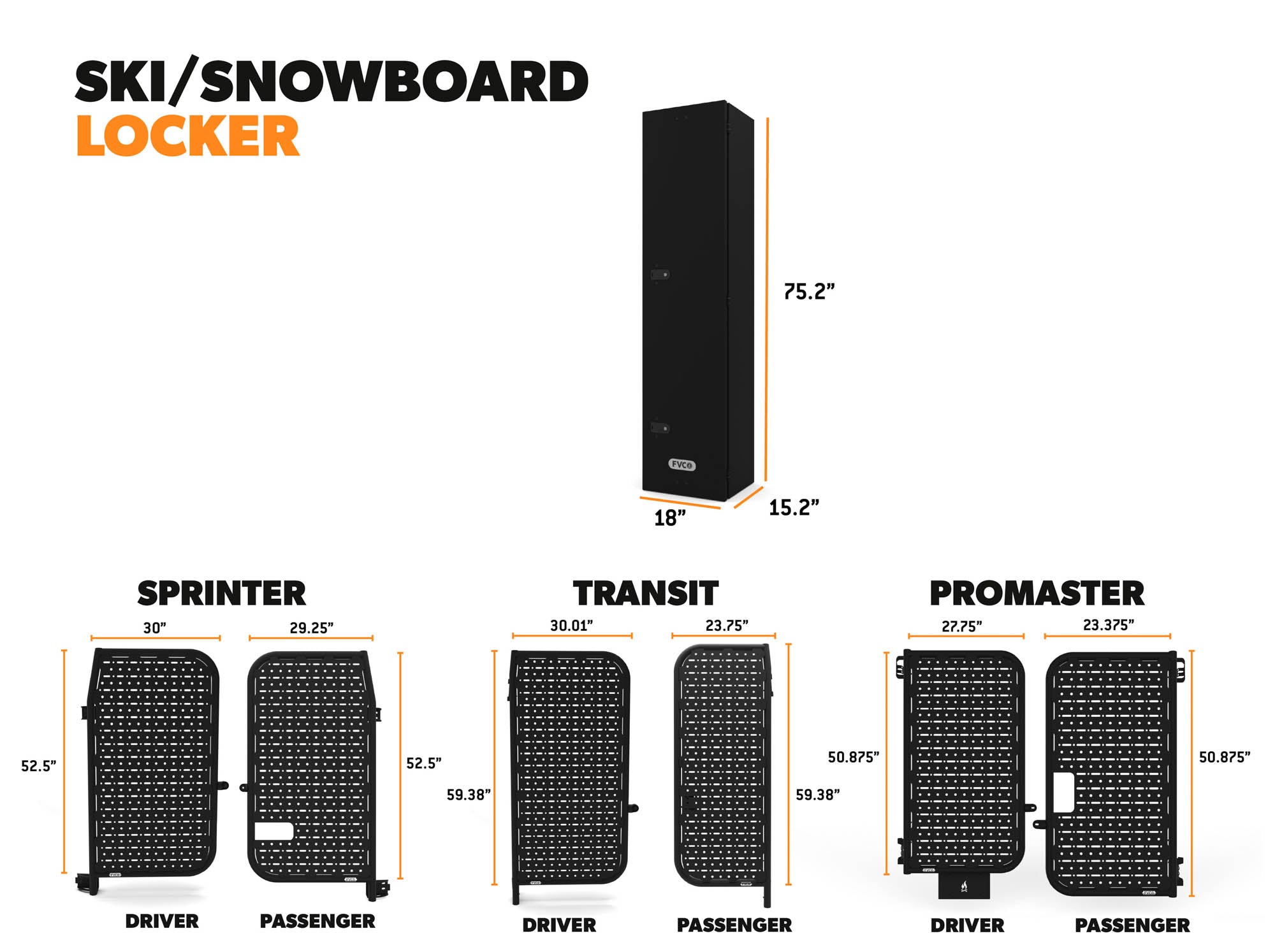 Overall dimensions of Ski and Snowboard Storage Locker, along with overall dimensions of Sprinter, Transit, and Promaster Rear Door Platform Gear Carriers for camper vans