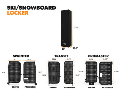 Overall dimensions of Ski and Snowboard Storage Locker, along with overall dimensions of Sprinter, Transit, and Promaster Rear Door Platform Gear Carriers for camper vans
