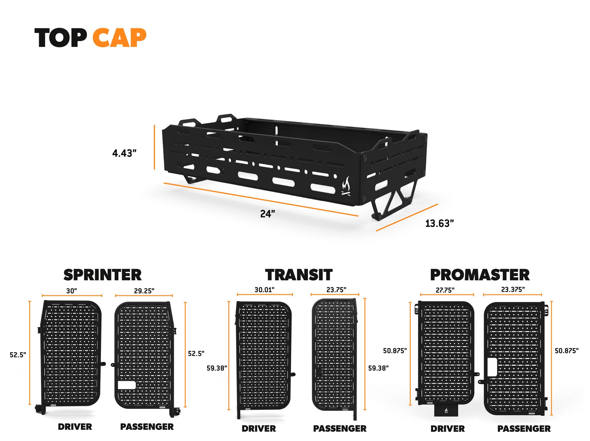 Overall dimensions of Storage Box Topper, along with overall dimensions of Sprinter, Transit, and Promaster Rear Door Platform gear carriers for camper vans