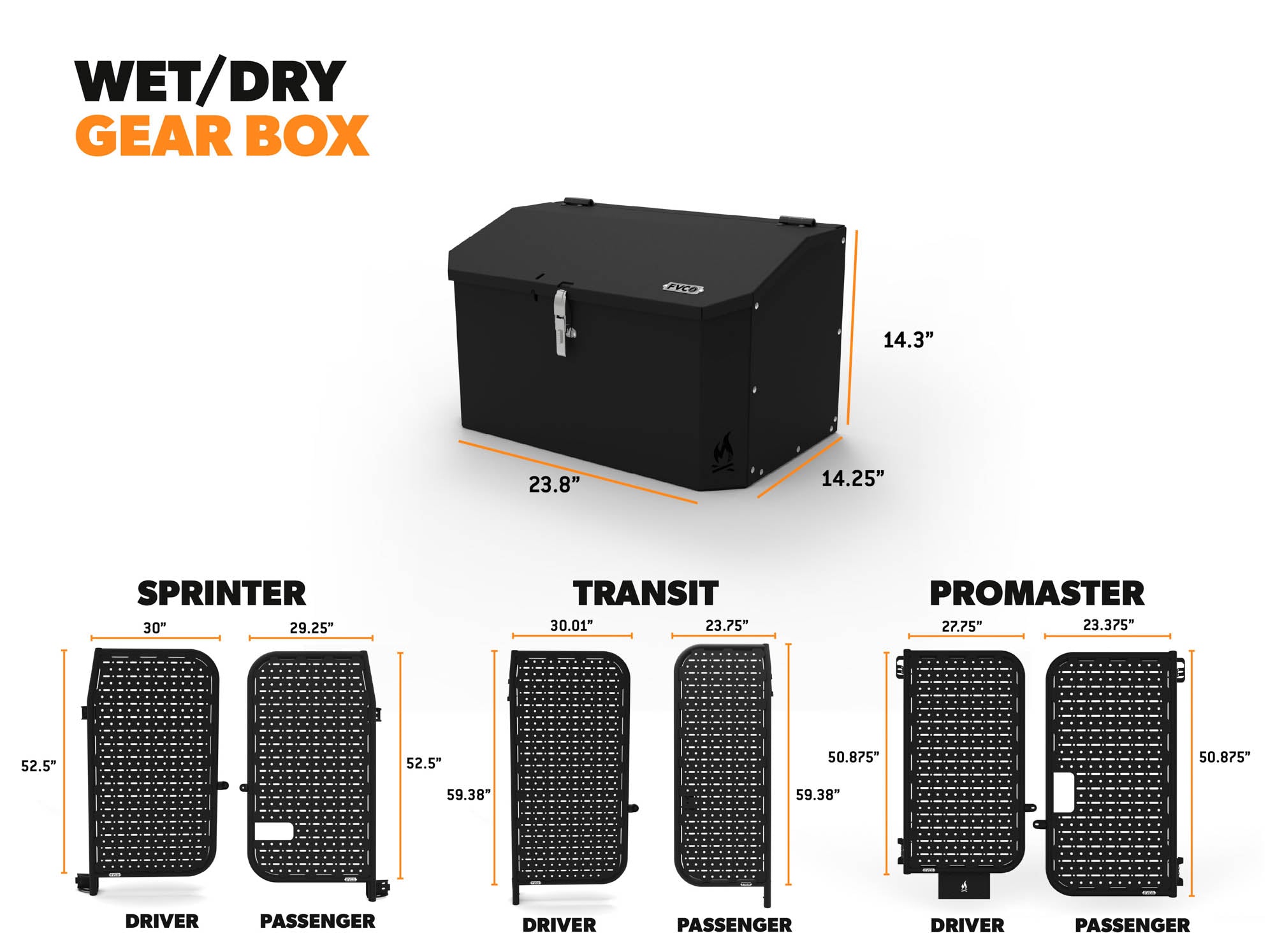 Overall dimensions of Wet / Dry Gear Box, along with overall dimensions of Sprinter, Transit, and Promaster Rear Door Platform gear carriers for camper vans