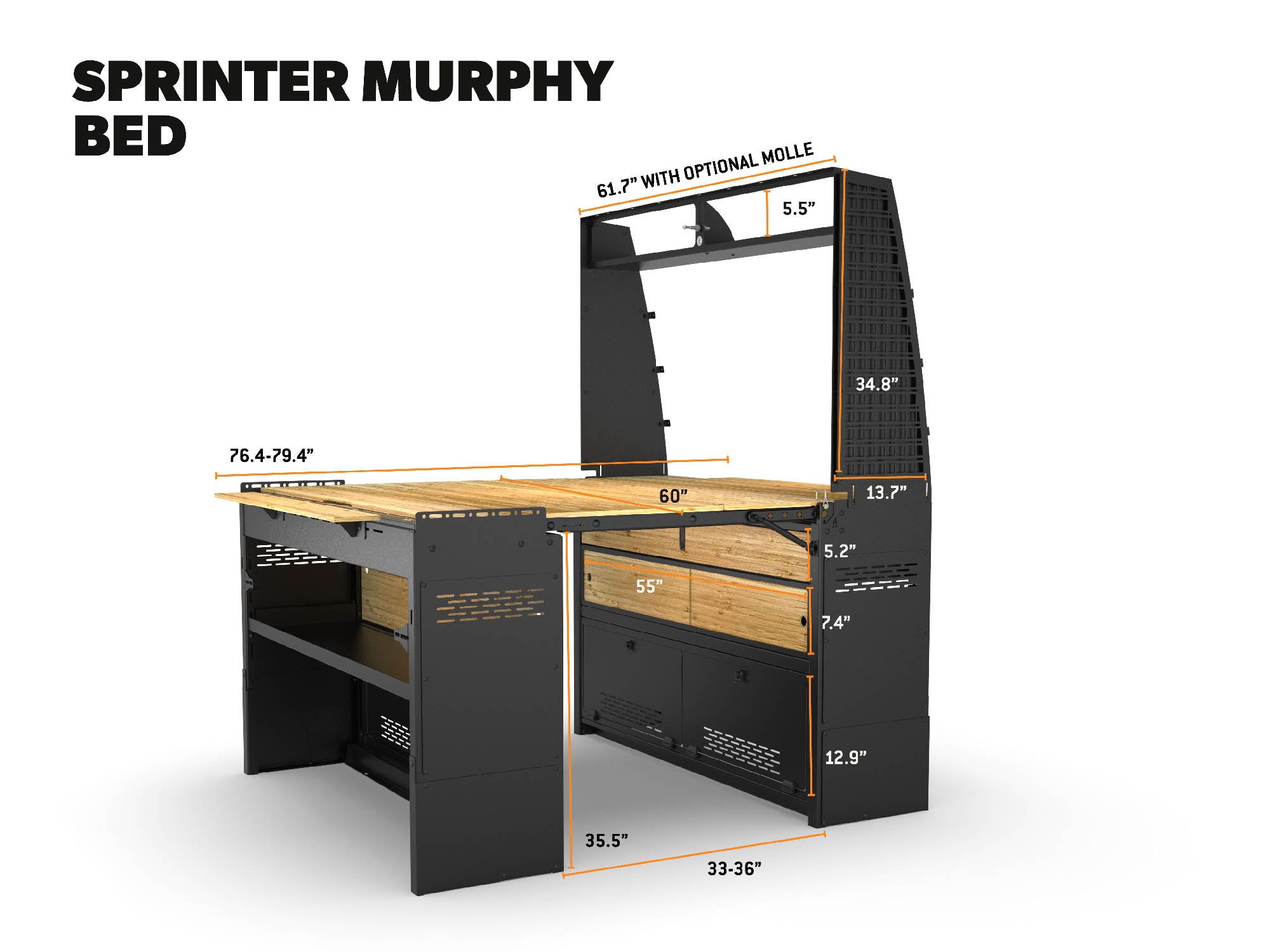 Dimensional graphics of the Sprinter Van Murphy Bed 