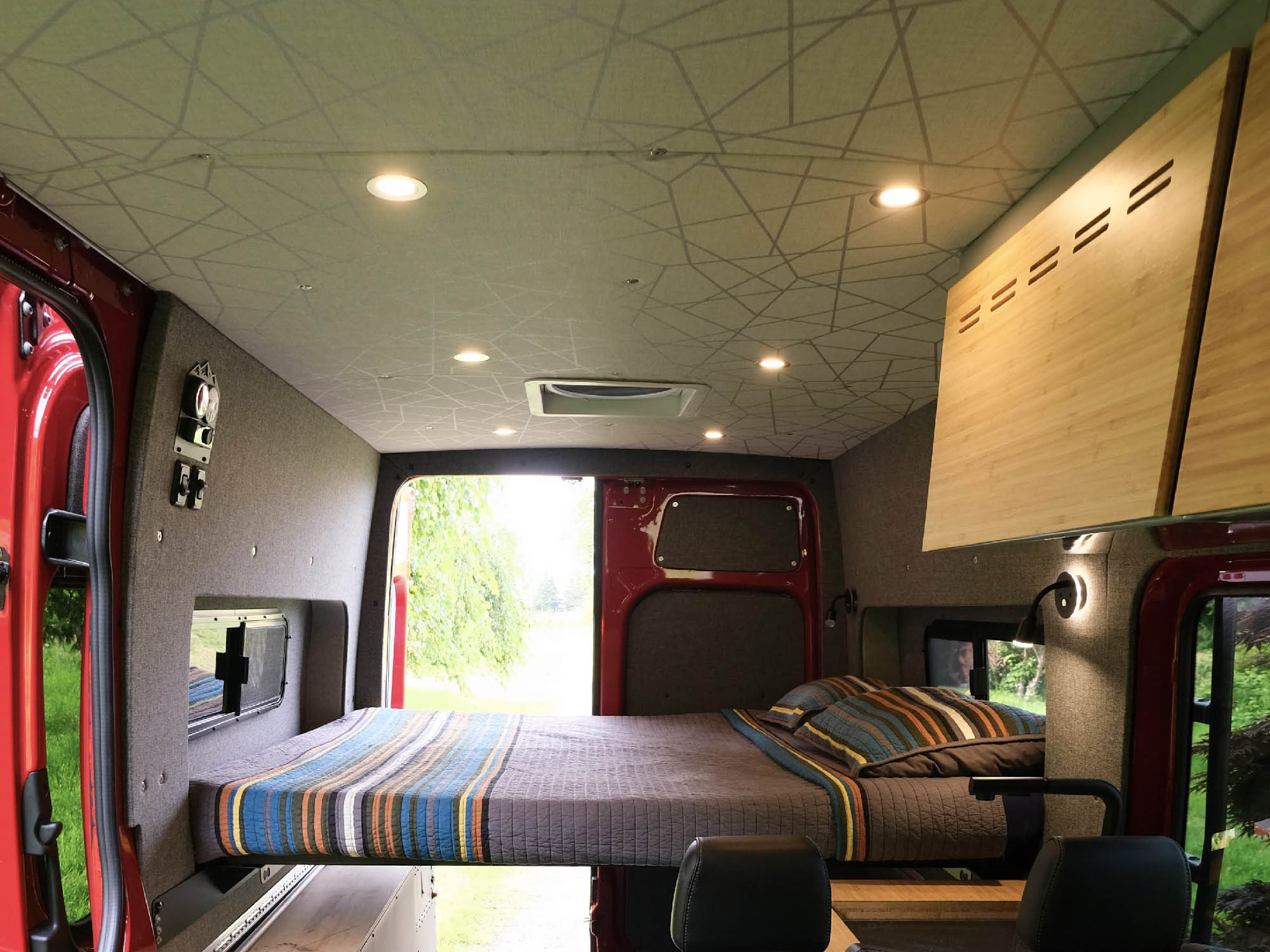 East-West layout Sprinter Bed System with mattress and bedding