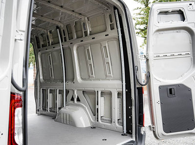 Passenger side of Sprinter Van Bed Bracket L-Track Kit installed on Sprinter Bed Brackets