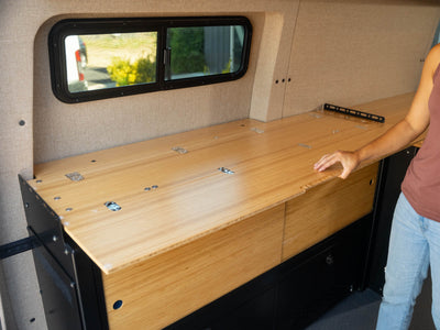 Table-top area of Sprinter Van Murphy Bed for counter space or standing desk