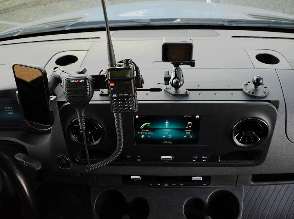 Sprinter Van Dash Mount with phone holder, radios, GoPro, and RAM ball mount