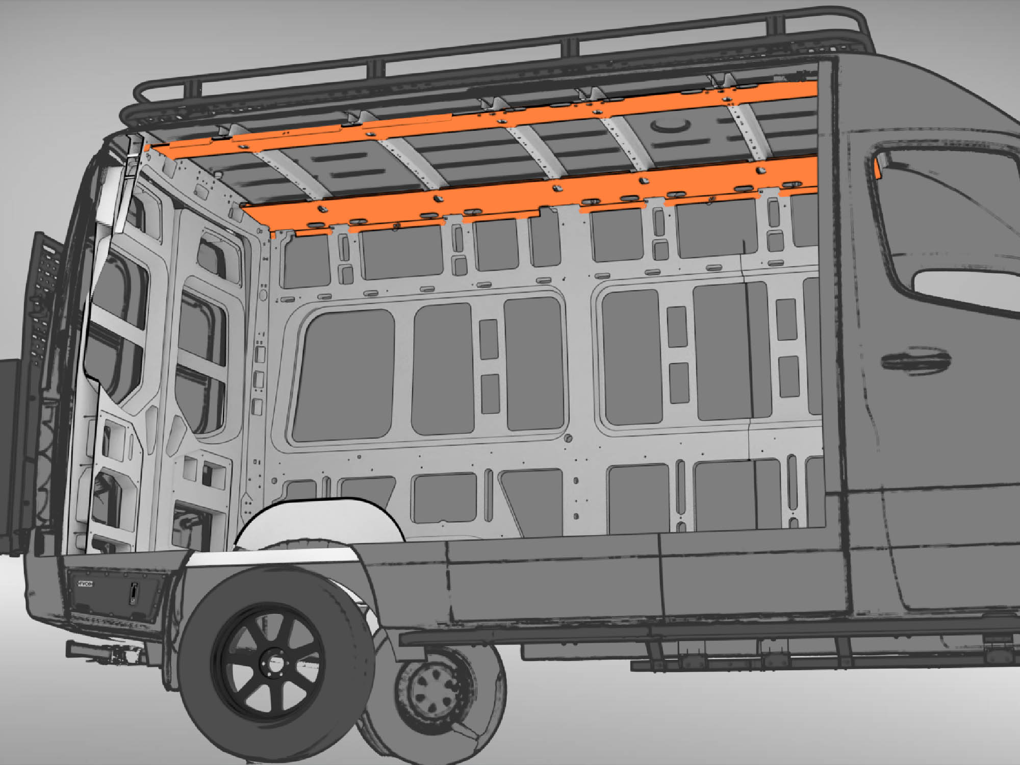 Sprinter Ceiling Structure Panels modeled in Mercedes-Benz Sprinter 144" wheelbase