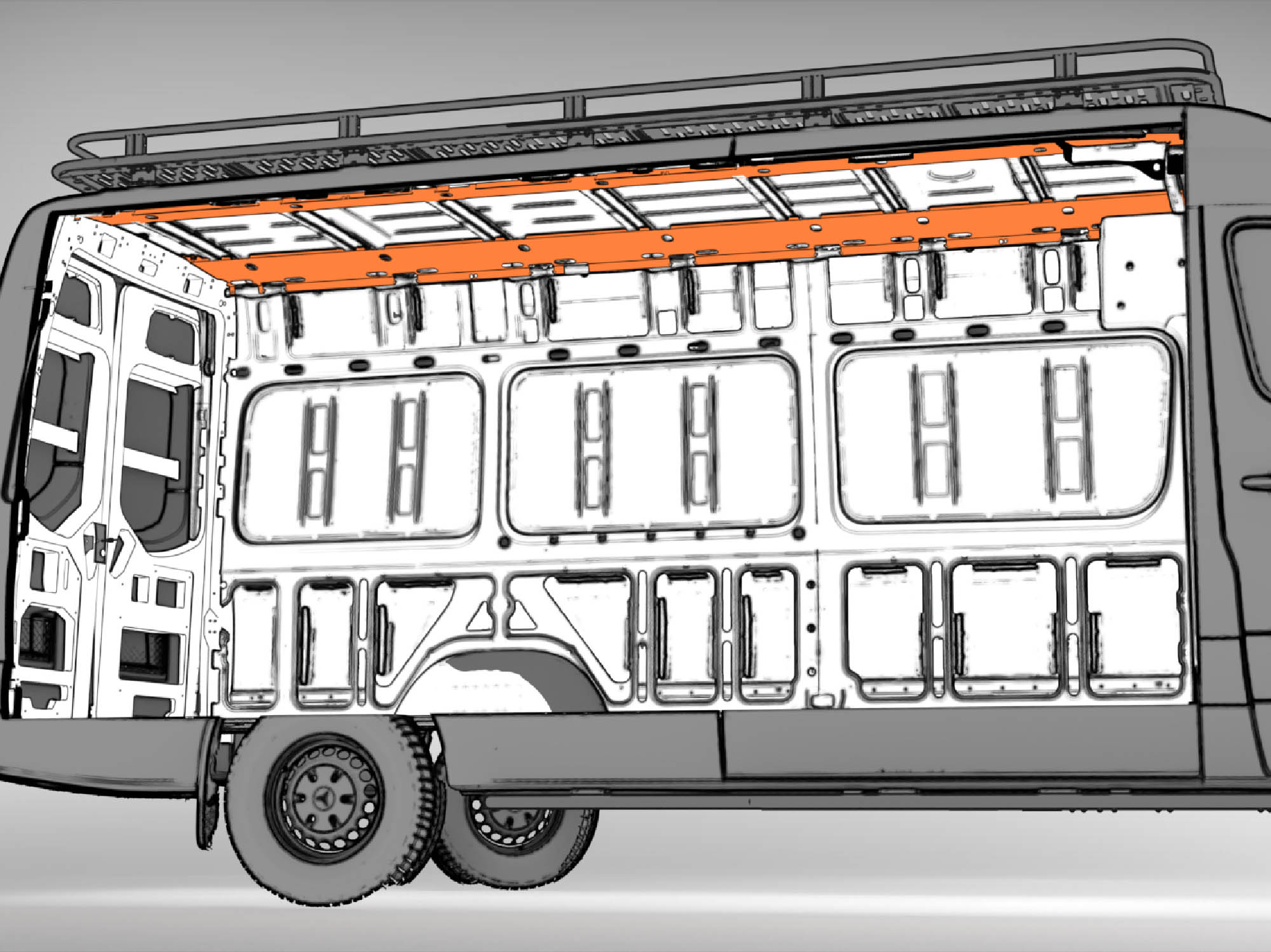 Sprinter Ceiling Structure Panels modeled in Mercedes-Benz Sprinter 170" wheelbase
