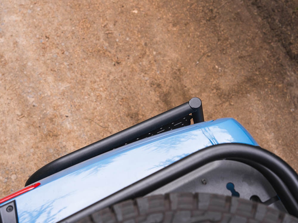 Upper view of installed Sprinter Rear Door Platform on adventure van