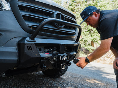 Preparing to mount gear carrier on the front hitch of Sprinter Core Front Bumper