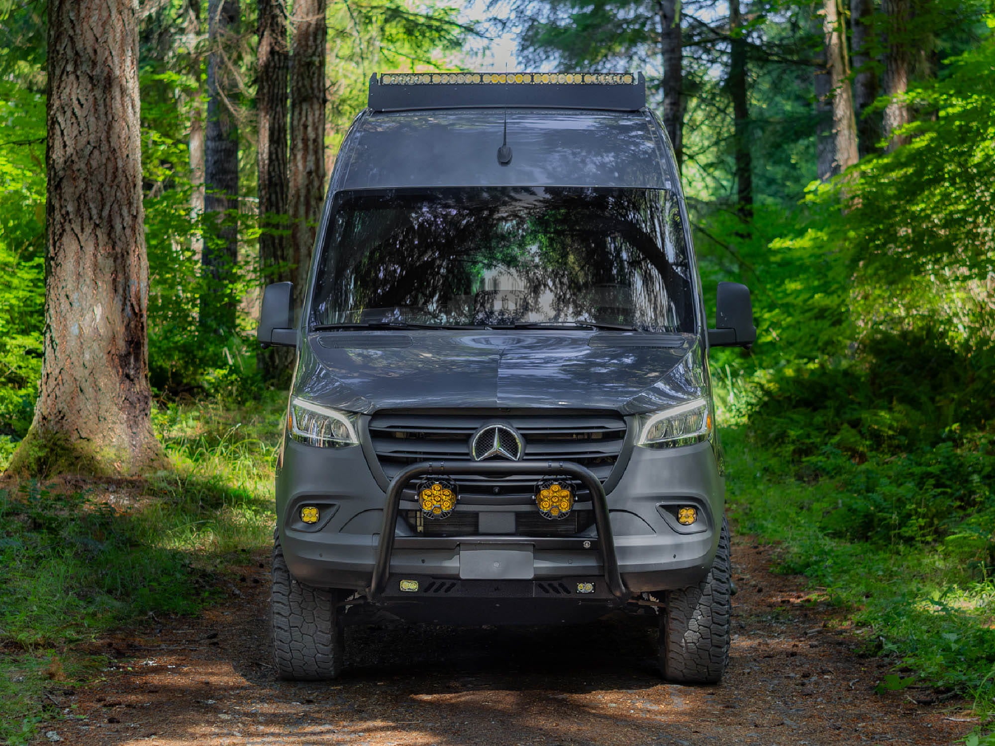 Front view of Sprinter adventure van with Sprinter Van Bull Bar installed 