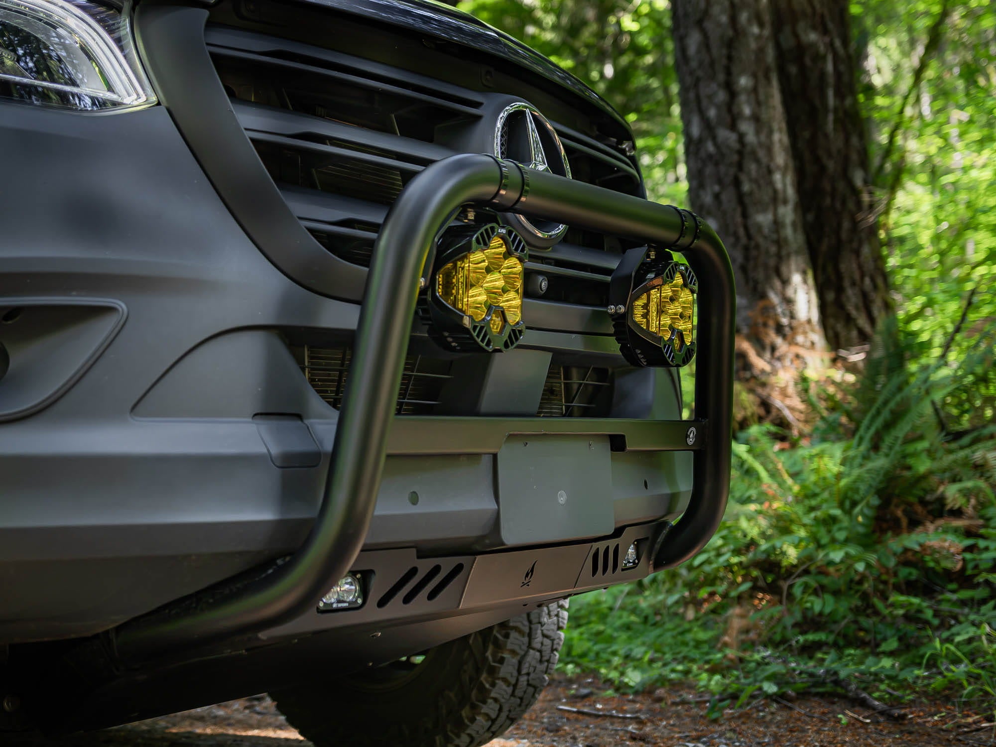 Closer view of Baja Designs LP6 LED Light Pods and S2 Light Pods installed on FVC Sprinter Van Bull Bar