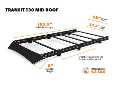 Transit Low Pro Roof Rack dimensions and weight for 130 mid roof