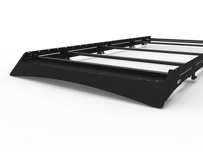 Front view of Transit 148" Mid Roof Extended Low Pro Roof Rack with light bar compatible fairing