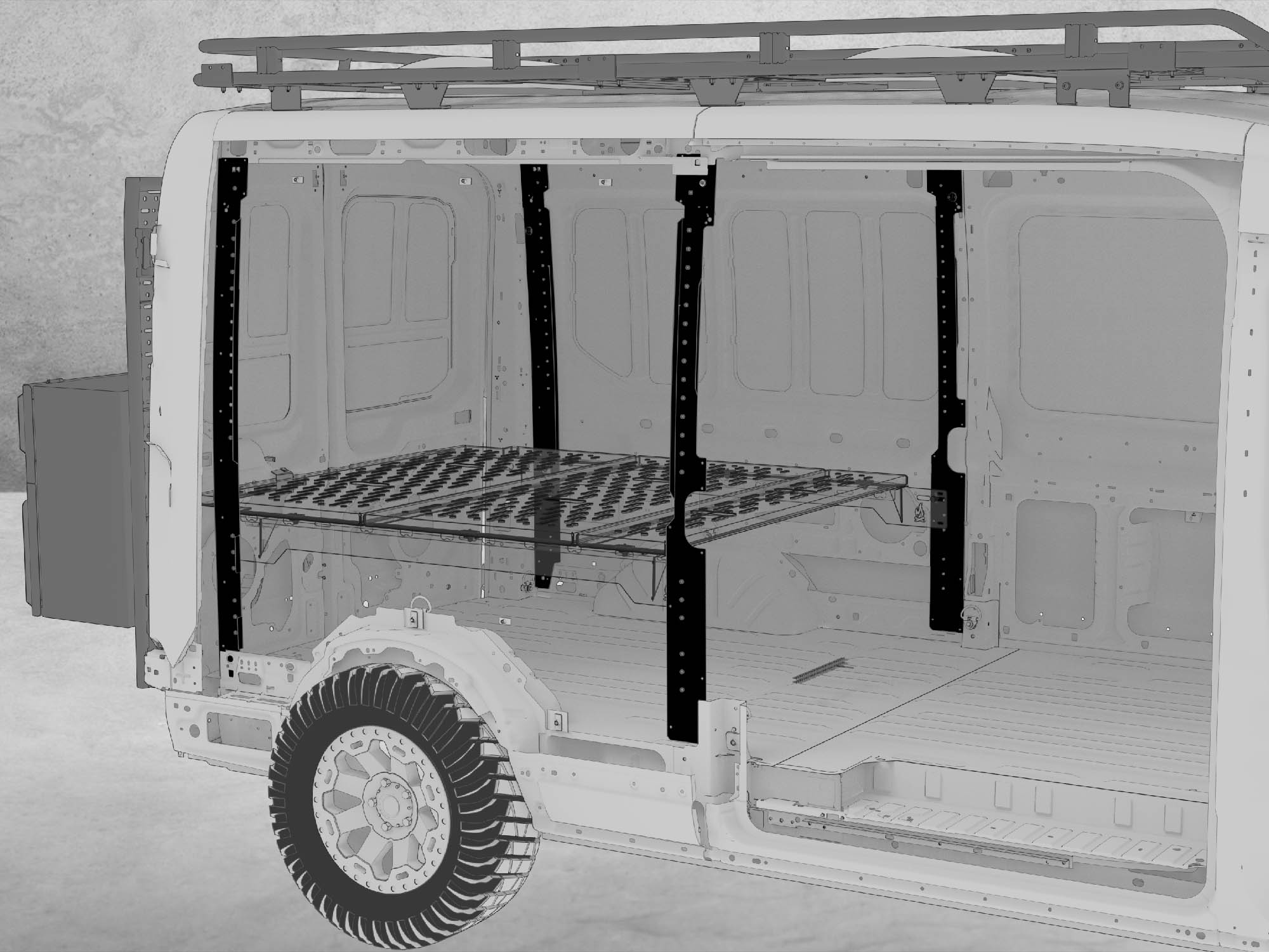 Transit Van Bed Brackets modeled in Ford Transit 148" Mid Roof Van