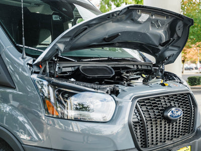 Ford Transit Adventure van with Transit Hood Strut Kit installed