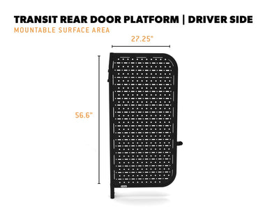 Driver's side Transit rear door platform has a mountable surface area of 27.25" by 56.6"