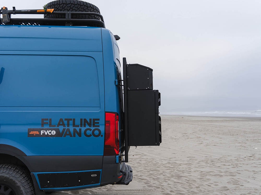 Side Profile view of Adventure Van Gear Box installed on FVC Rear Door Platform